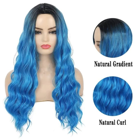 Ombre Blue Long Straight Hair Wig with Bang - Picture 4 of 4